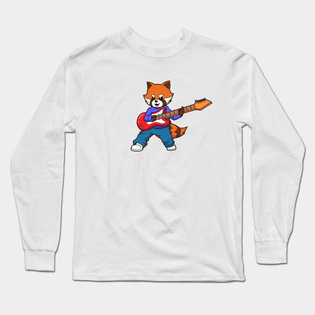 Comic red panda playing electric guitar Long Sleeve T-Shirt by Modern Medieval Design